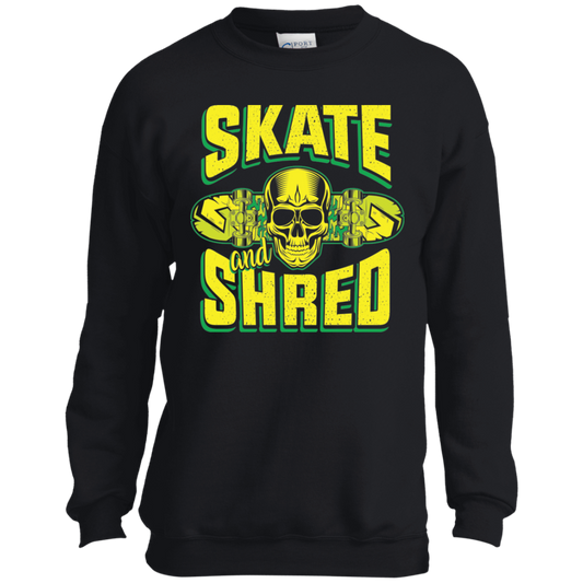 Skate and Shred Skateboarding Skull Youth Crewneck Sweatshirt